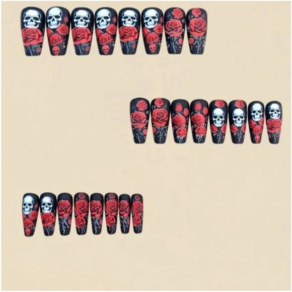 24pcs Long Square Acrylic Skull & Rose Pattern Fake Nails - Picture 5 of 6
